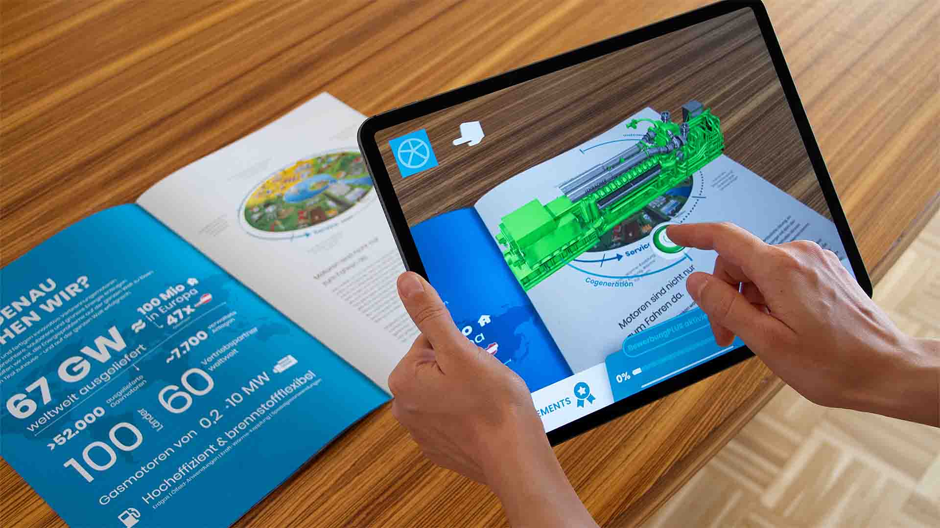 Die Augmented Reality App „Lehre bei Innio“ erweitert den gedruckten Lehrlingsfolder mit virtuellen Inhalten, die nach und nach freigeschaltet werden.