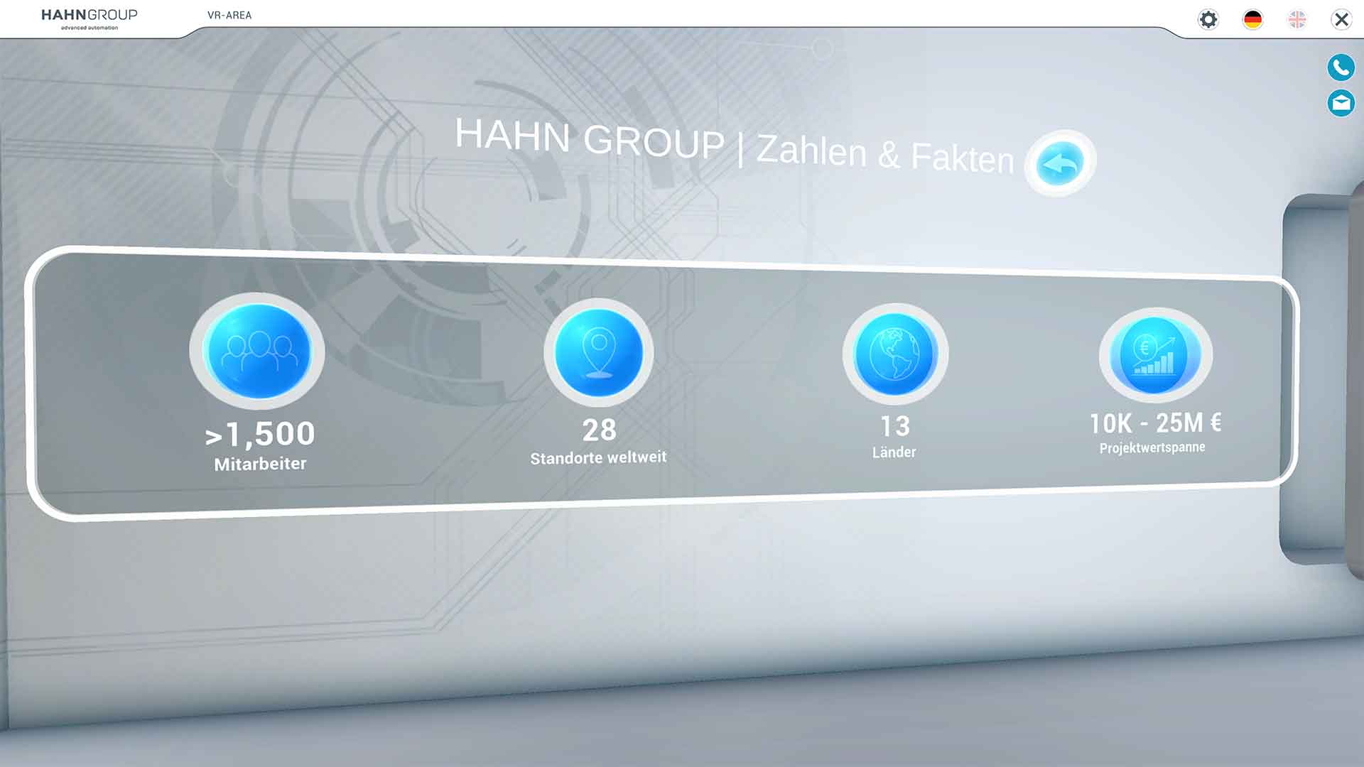 Videos ansehen, 3D Modelle von allen Seiten betrachten oder interaktive Inhalte nutzen ist im virtuellen Schauraum der HAHN Group möglich.
