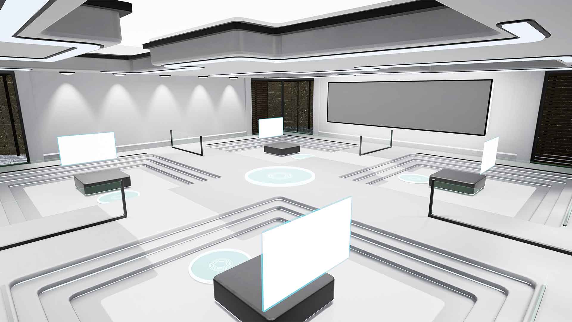 Our virtual showroom „Futuristic Museum“ features 5 rooms with different colors and plenty of space for your products, videos or other contents.